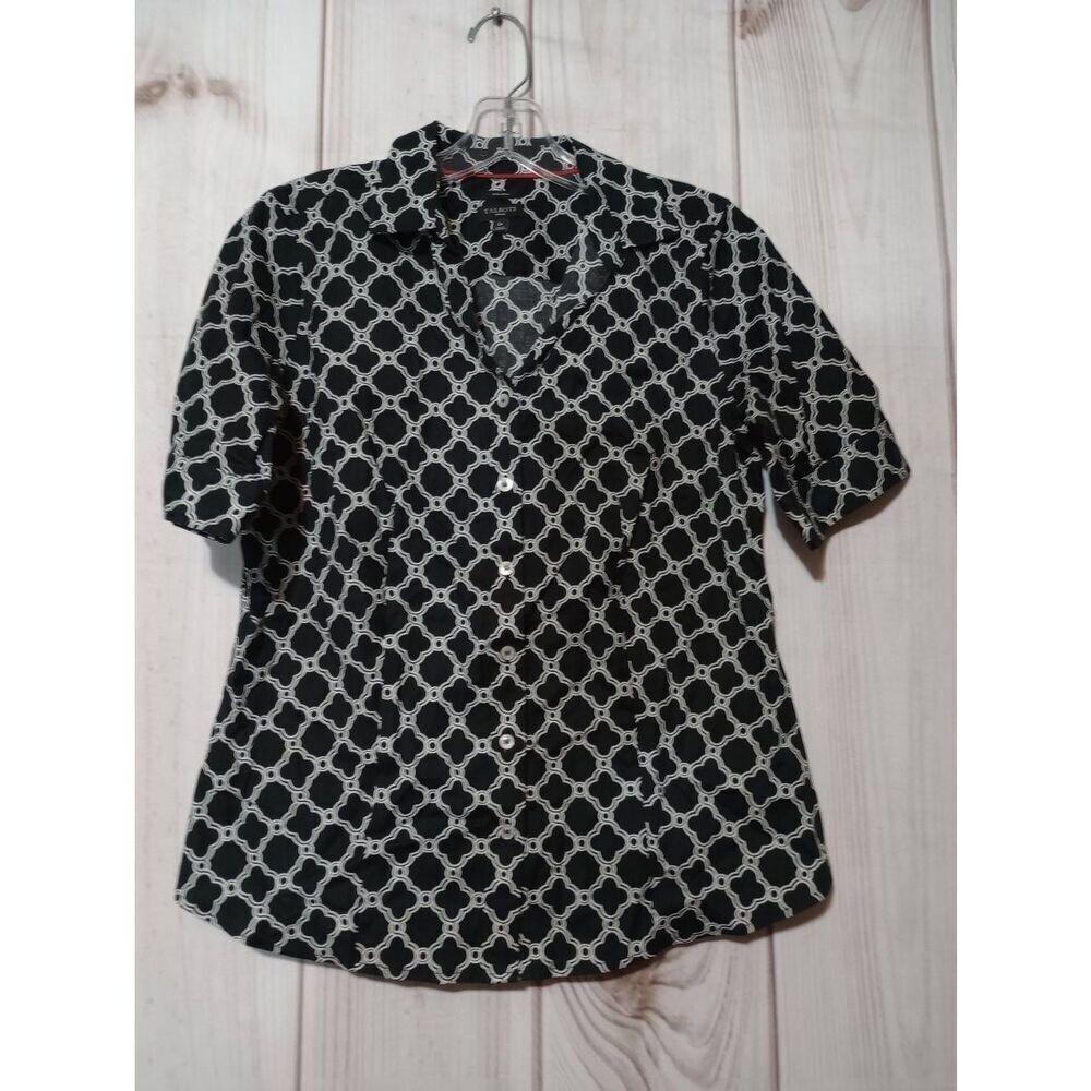 Talbots Shirt Ladies 6 Petite Black White Button Front Short Sleeve